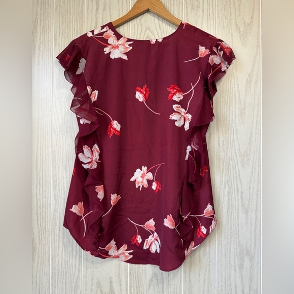 Lauren Ralph Lauren Floral Print Ruffled Crepe Blouse Dark Red Size L - Picture 4 of 4